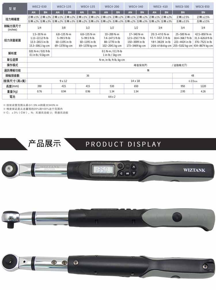 可换头数显扭矩扳手wiztank威力泰克WEC系列